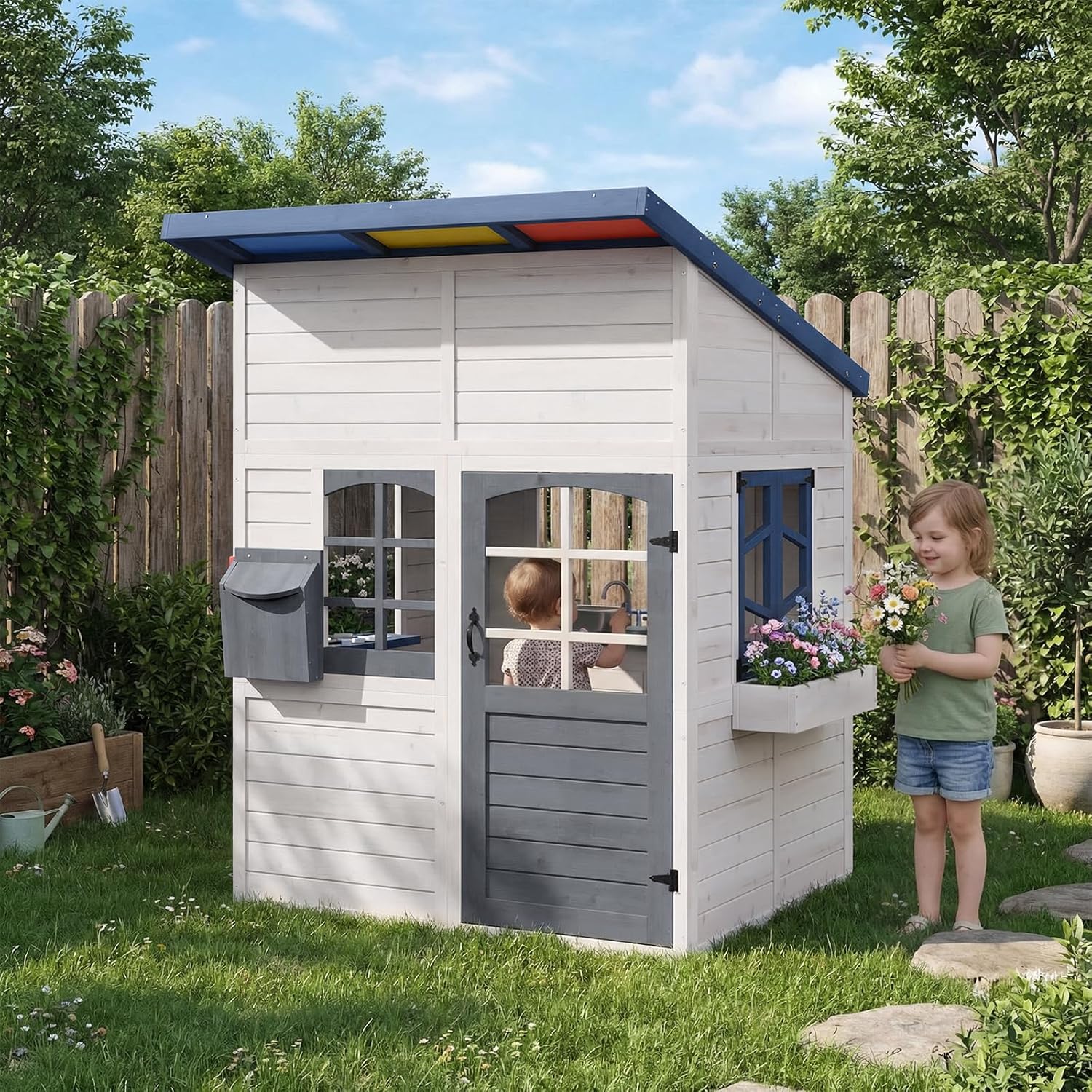 Kids Outdoor Wooden Playset - Wooden Kids Outdoor Playhouse with Sloped