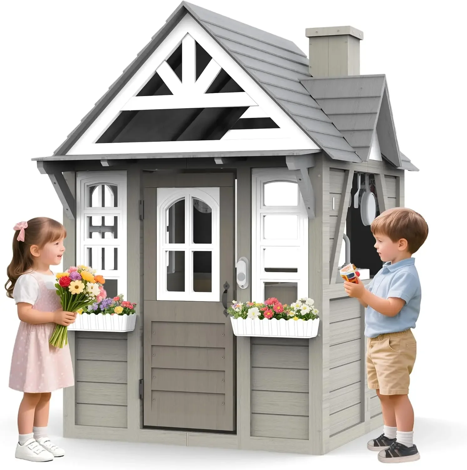Kids Outdoor Kitchen - Kids Outdoor Playhouse,Cedar Gray Wooden Play